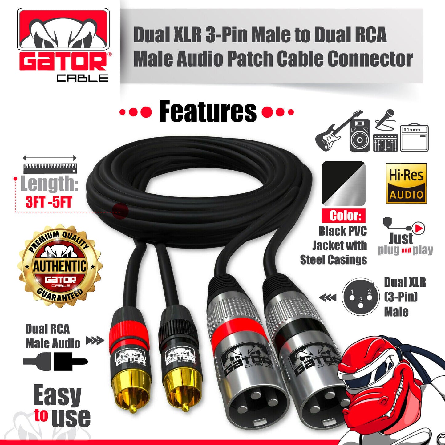 Dual XLR 3-Pin Male to Dual RCA Male Patch Cable Splitter Shielded Audio Plug