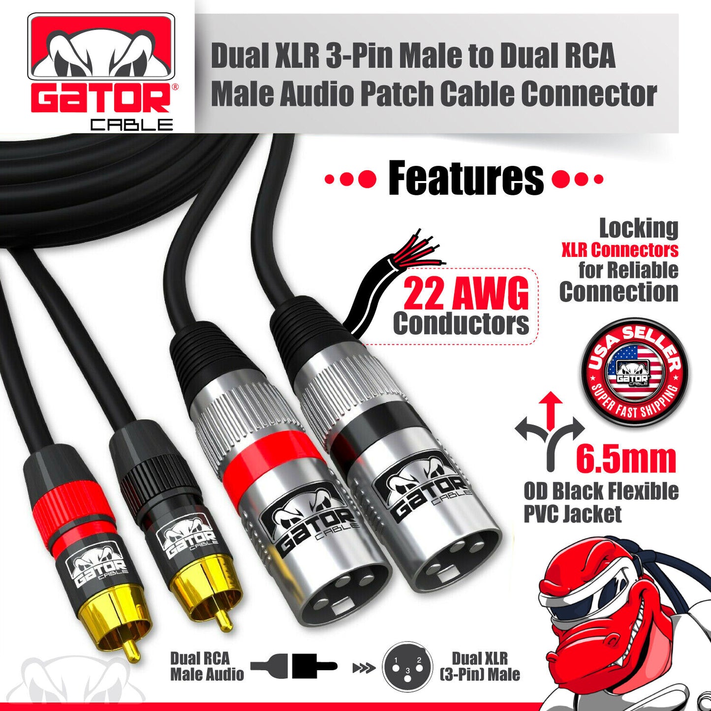 Dual XLR 3-Pin Male to Dual RCA Male Patch Cable Splitter Shielded Audio Plug