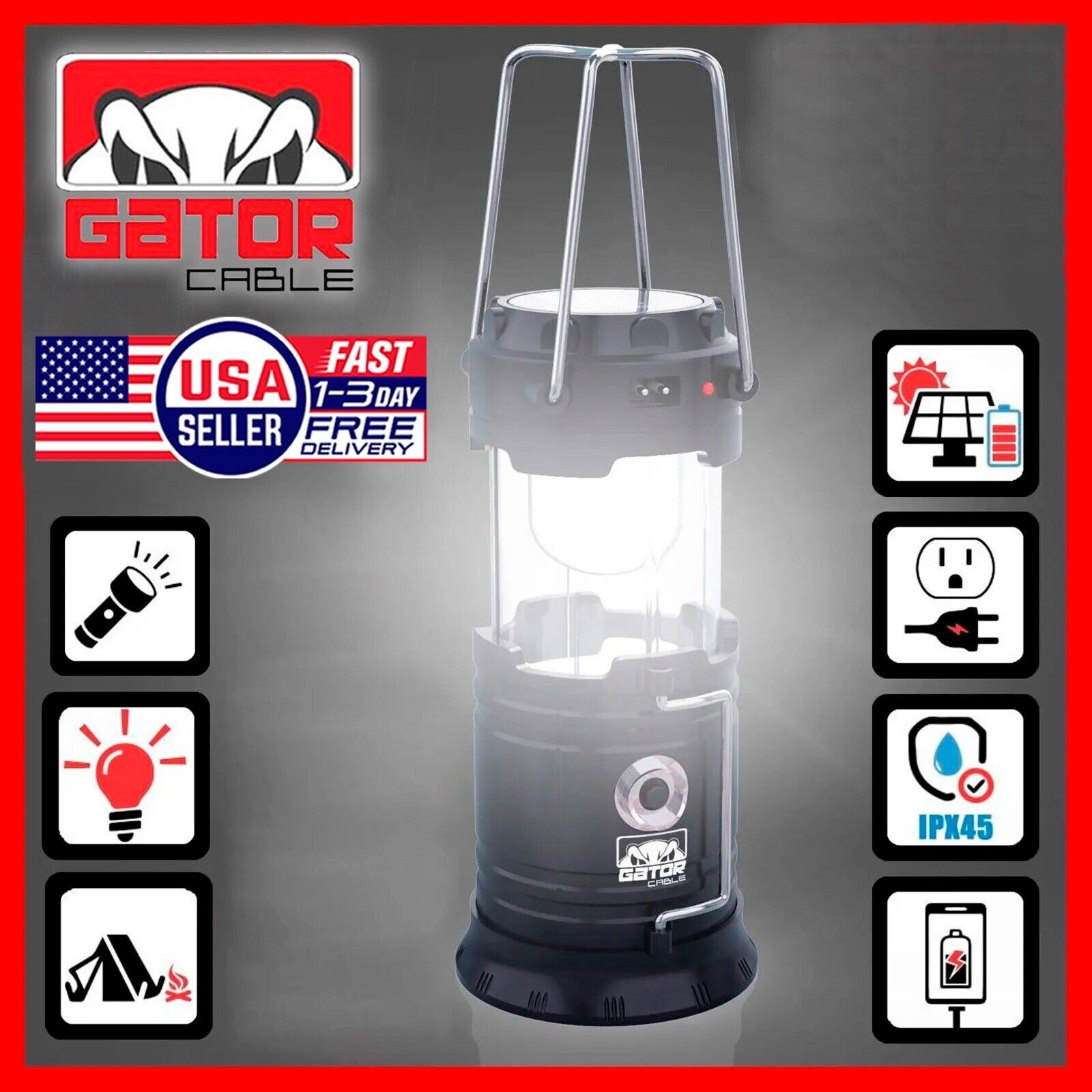 3-mode solar rechargeable led lantern flashlight with usb power bank Solar Portable Rechargeable LED Camping Lantern Flashlight Lamp USB Po – Gator Cable