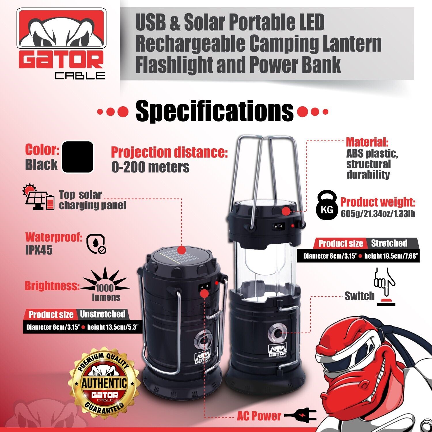 3-mode solar rechargeable led lantern flashlight with usb power bank Solar Portable Rechargeable LED Camping Lantern Flashlight Lamp USB Po – Gator Cable