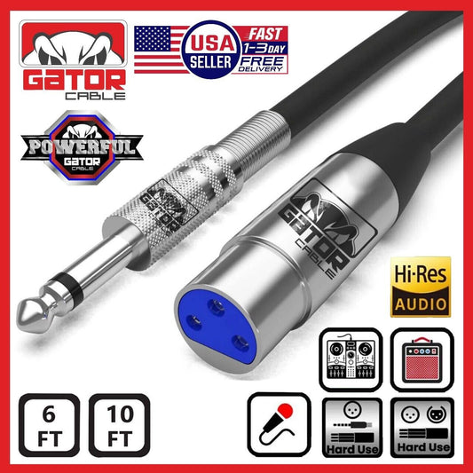 XLR 3-Pin Female to 1/4" Plug TS Microphone Mono Cable Unbalanced Shielded Audio