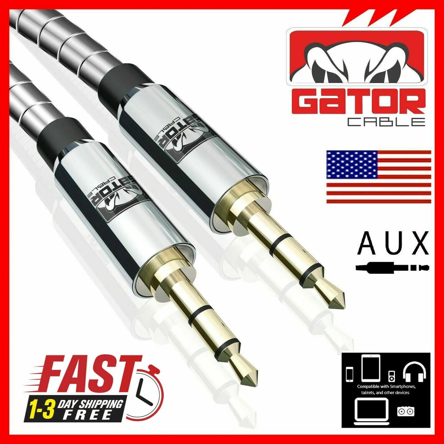 AUX 3.5mm Male to Male Audio Cable For iPhone Samsung Phone All Full Metal 3FT