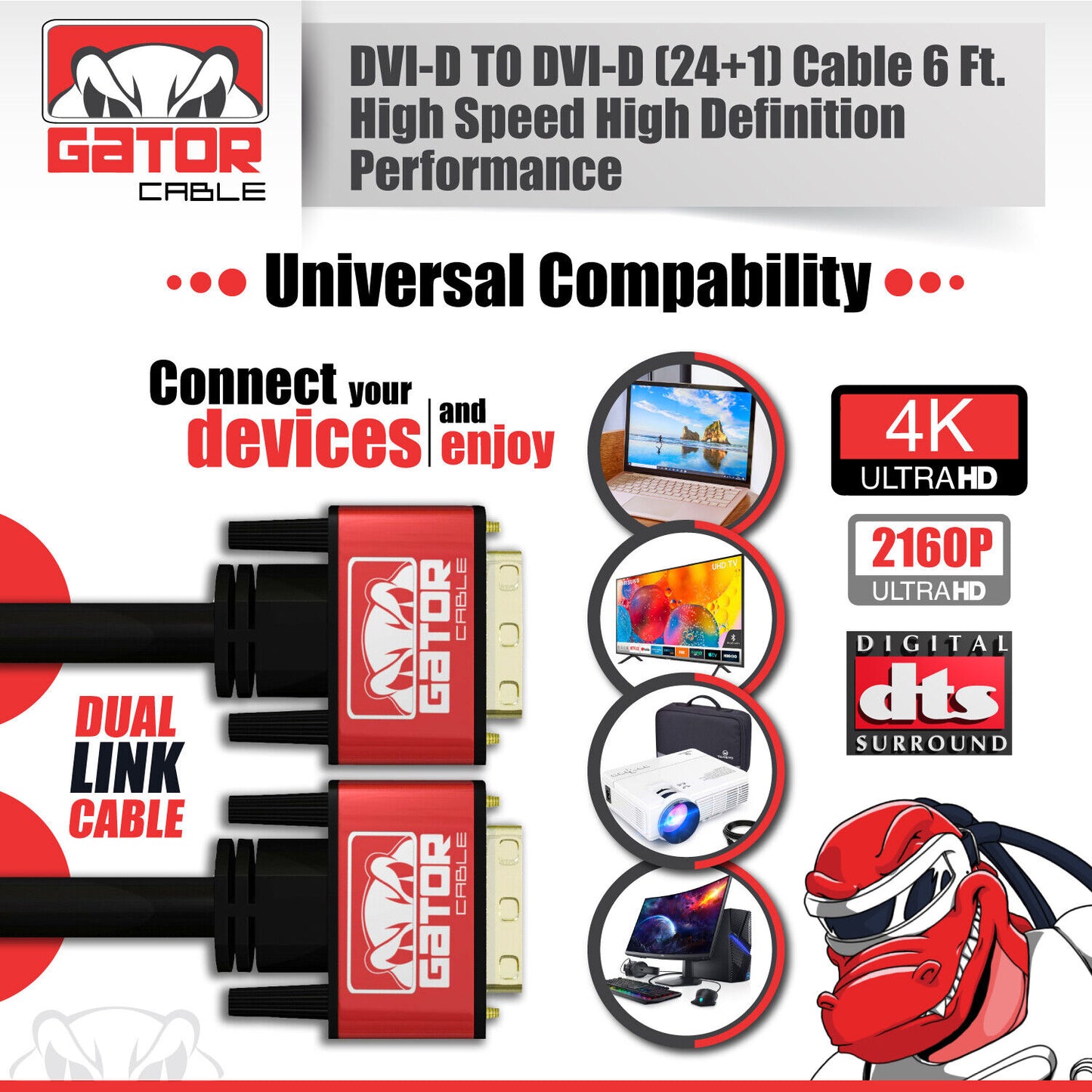 DVI-D to DVI-D Cable Dual Link 24+1 Male Video Cable Adapter Gold Plated 6FT