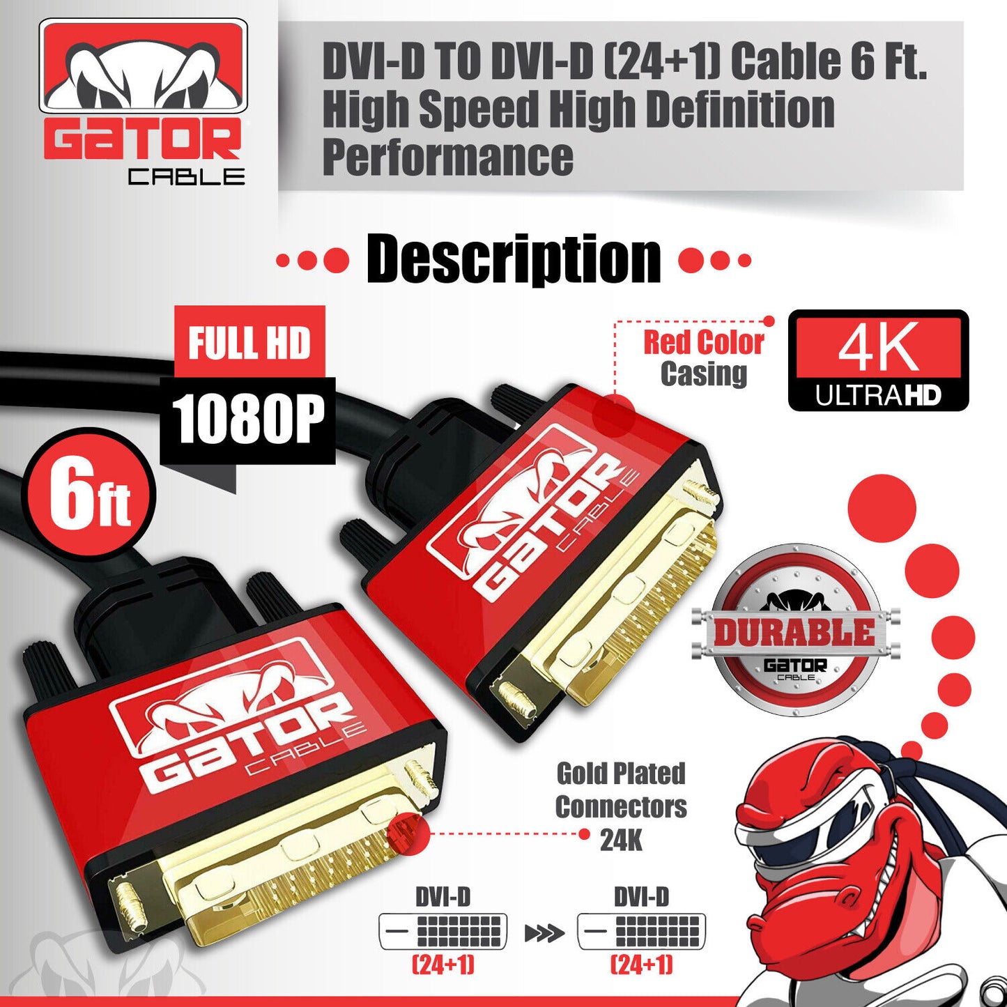 DVI-D to DVI-D Cable Dual Link 24+1 Male Video Cable Adapter Gold Plated 6FT