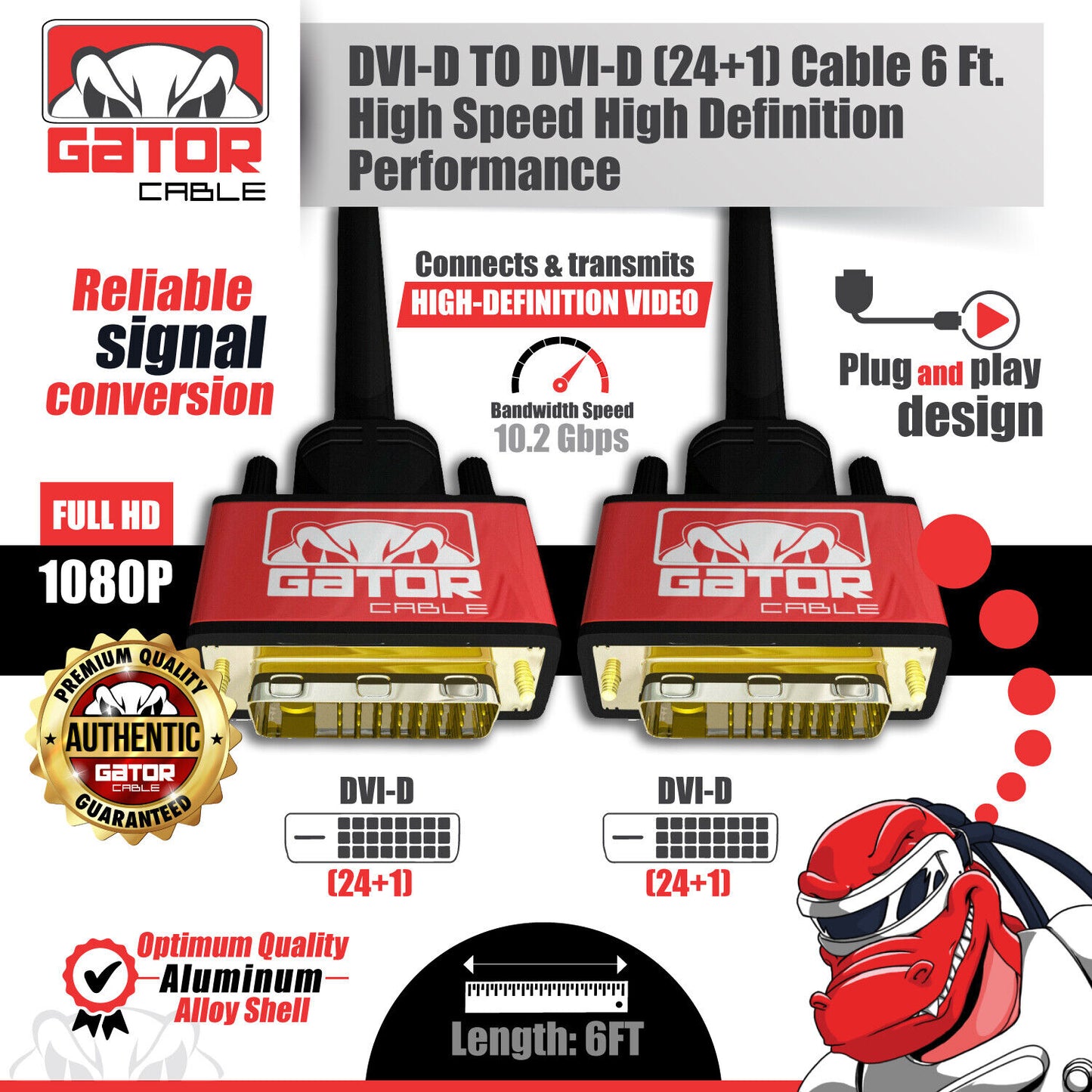 DVI-D to DVI-D Cable Dual Link 24+1 Male Video Cable Adapter Gold Plated 6FT