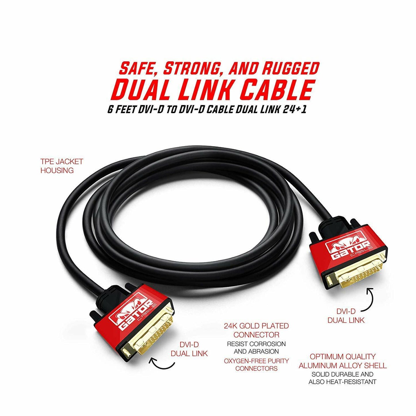 DVI-D to DVI-D Cable Dual Link 24+1 Male Video Cable Adapter Gold Plated 6FT