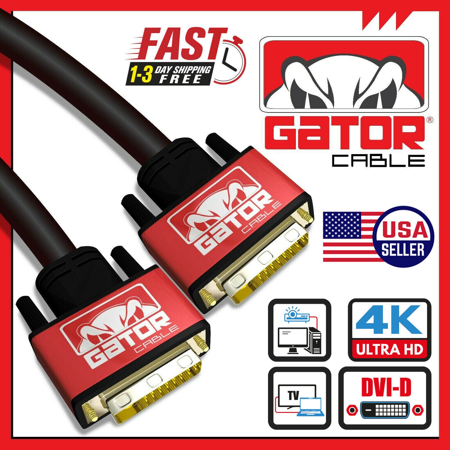 DVI-D to DVI-D Cable Dual Link 24+1 Male Video Cable Adapter Gold Plated 6FT