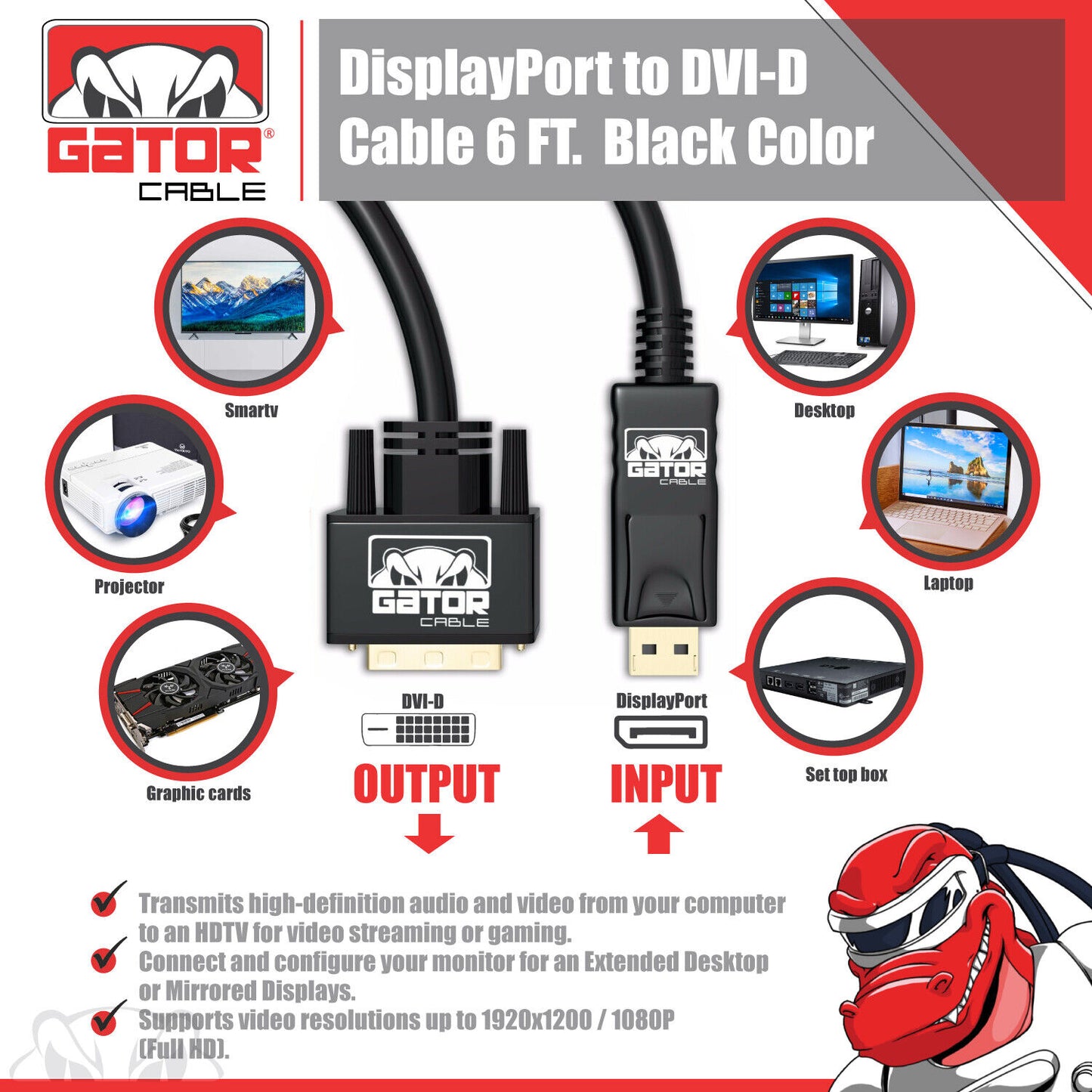 Display Port to DVI-D 24+1 Dual Link Video Cable 1080P Adapter Gold Plated PC
