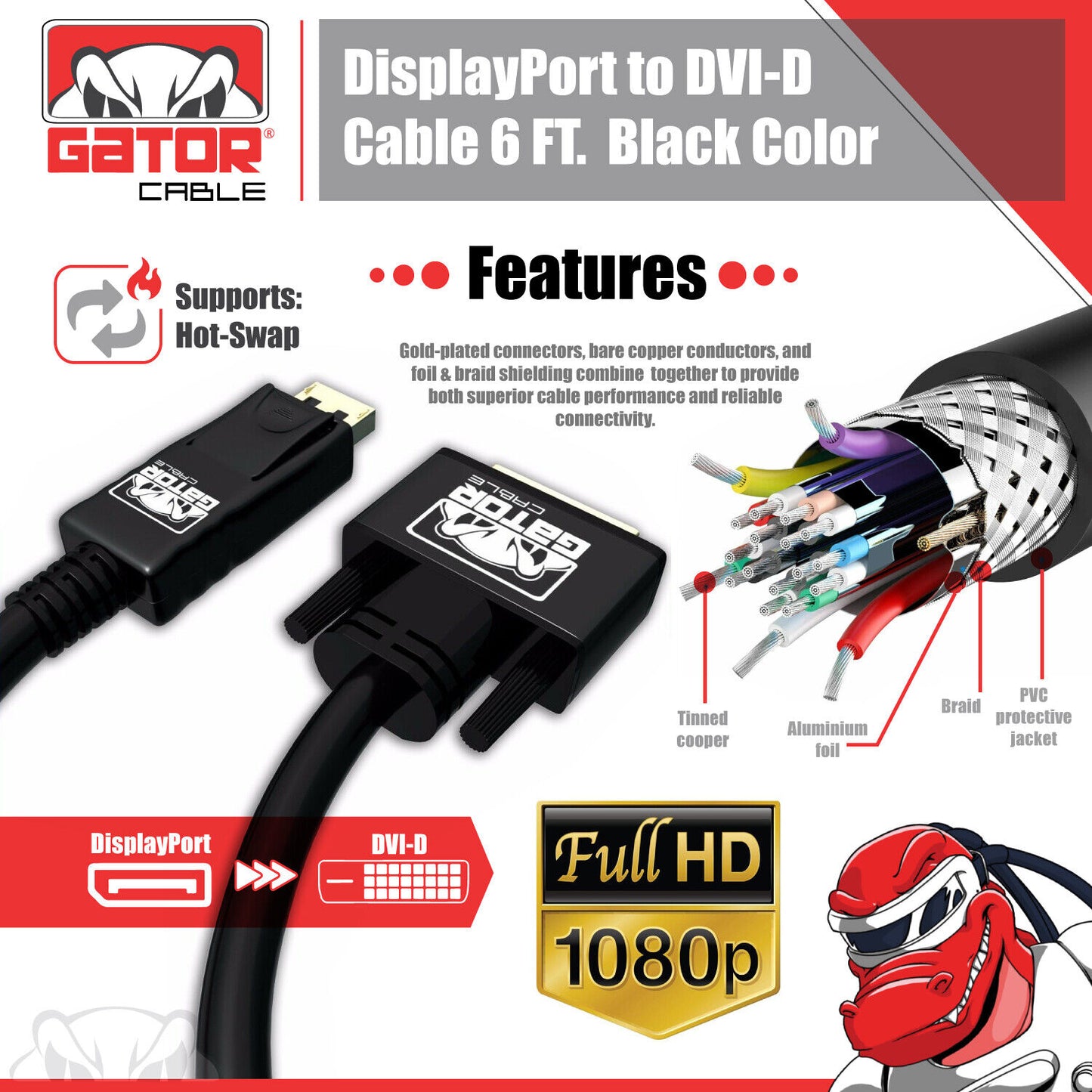 Display Port to DVI-D 24+1 Dual Link Video Cable 1080P Adapter Gold Plated PC