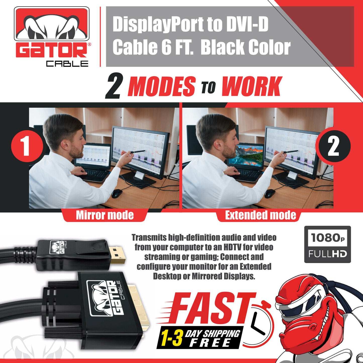 Display Port to DVI-D 24+1 Dual Link Video Cable 1080P Adapter Gold Plated PC