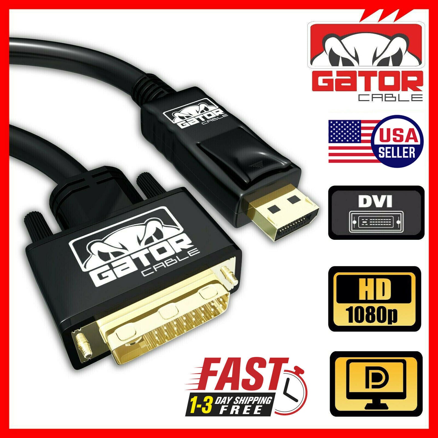 Display Port to DVI-D 24+1 Dual Link Video Cable 1080P Adapter Gold Plated PC