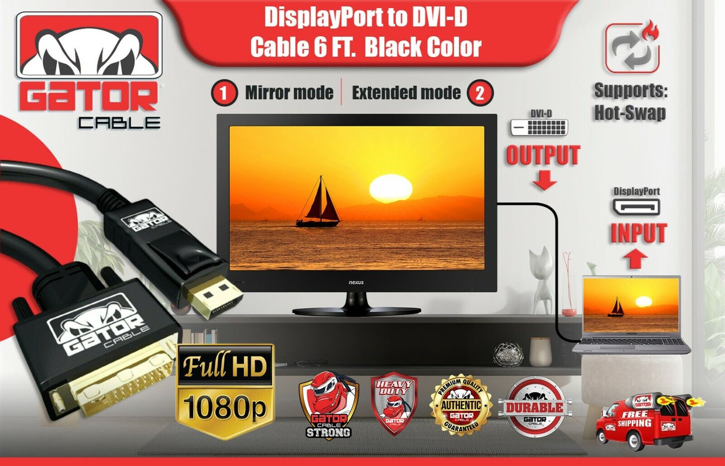 Display Port to DVI-D 24+1 Dual Link Video Cable 1080P Adapter Gold Plated PC