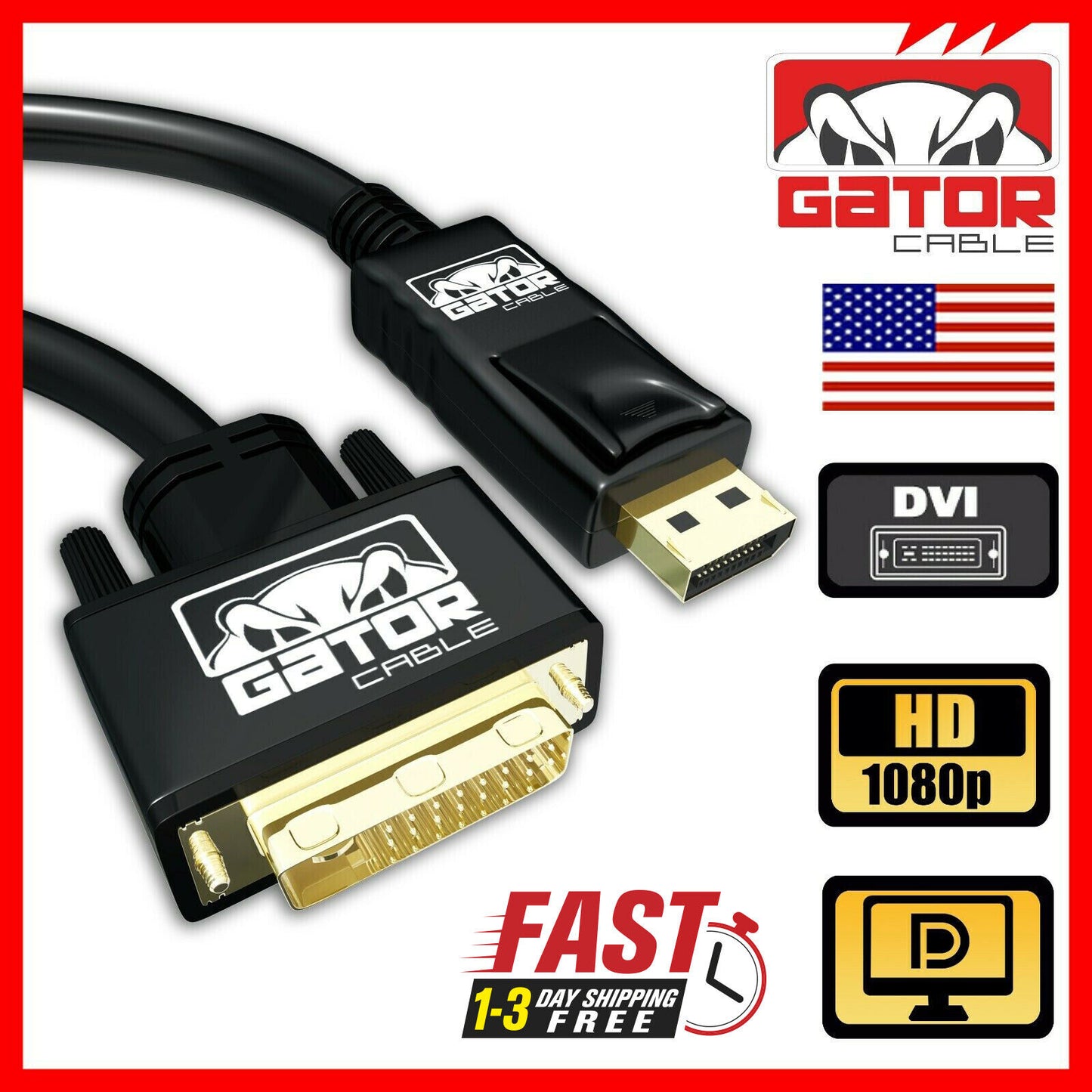 Display Port to DVI-D 24+1 Dual Link Video Cable 1080P Adapter Gold Plated PC