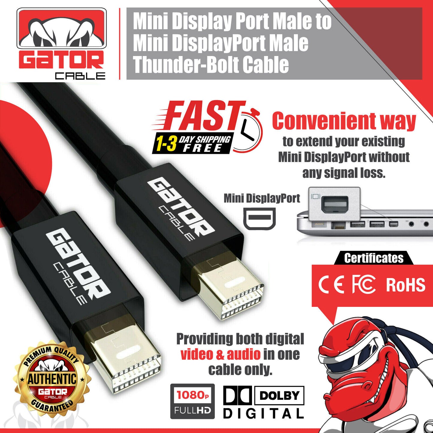 Mini DisplayPort to Mini DisplayPort Cable Audio Video Data HD Thunderbolt 6FT