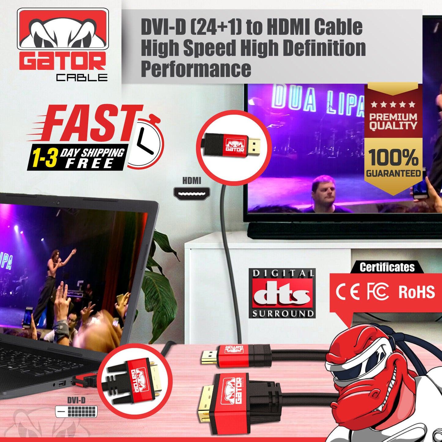 DVI-D 24+1 to HDMI Dual Link Cable Male Gold HDTV PC 1080P Display Adaptor 6FT