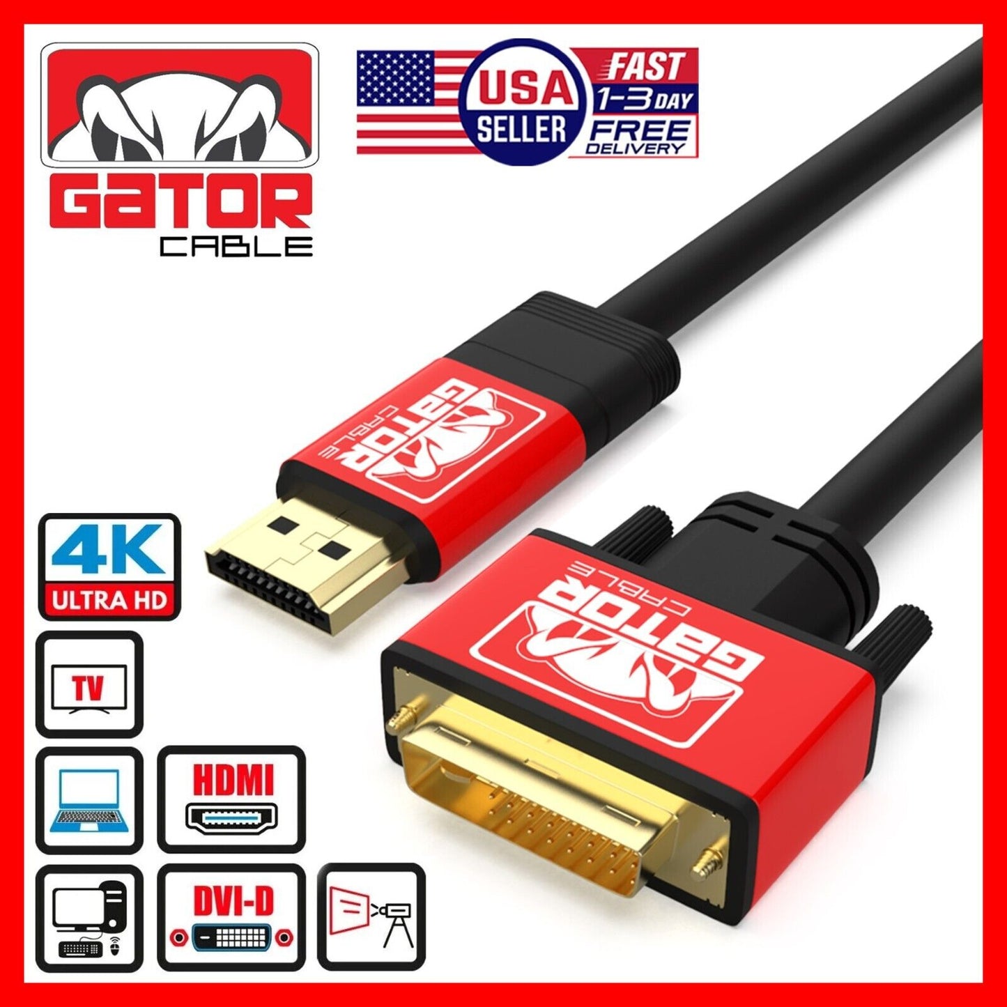 DVI-D 24+1 to HDMI Dual Link Cable Male Gold HDTV PC 1080P Display Adaptor 6FT