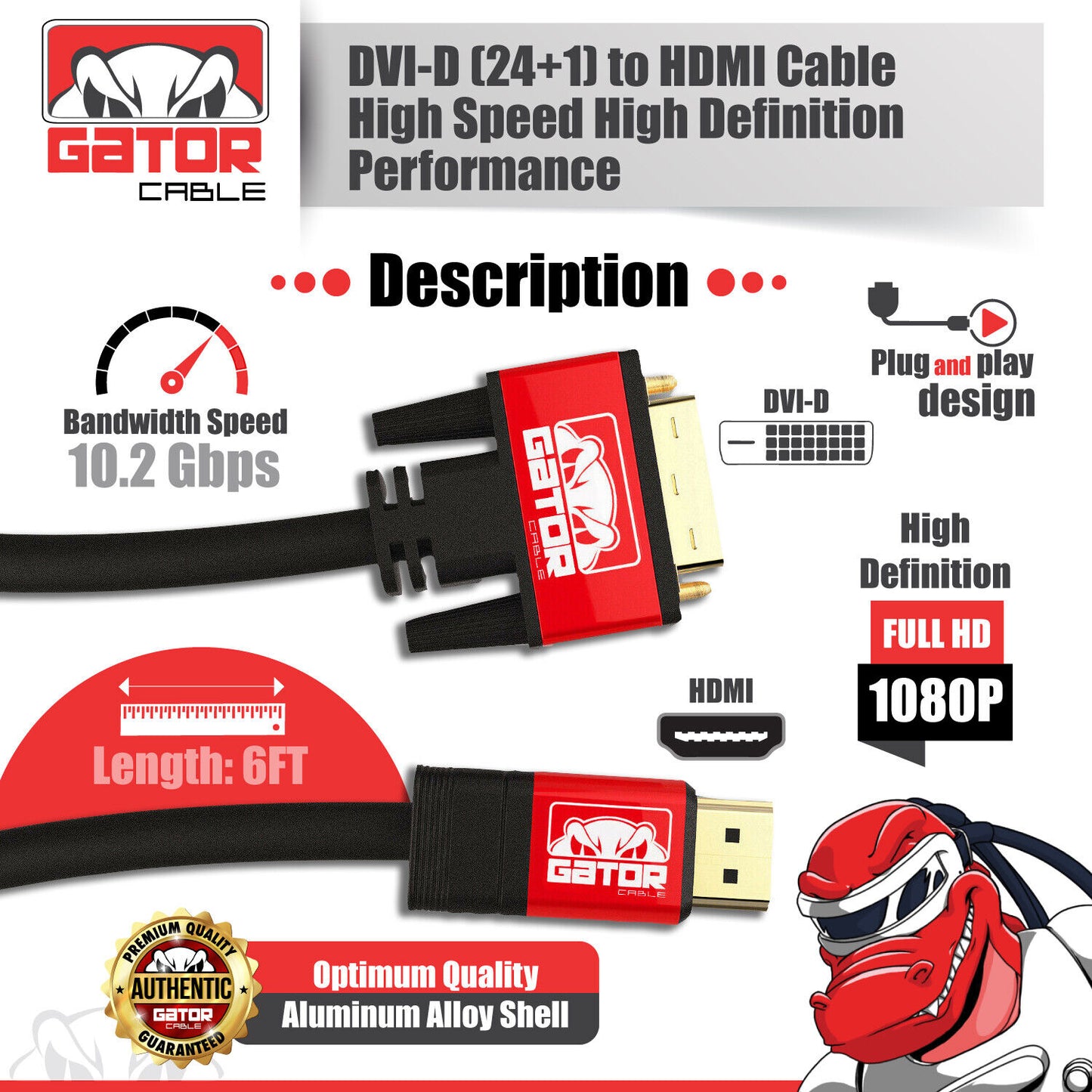 DVI-D 24+1 to HDMI Dual Link Cable Male Gold HDTV PC 1080P Display Adaptor 6FT