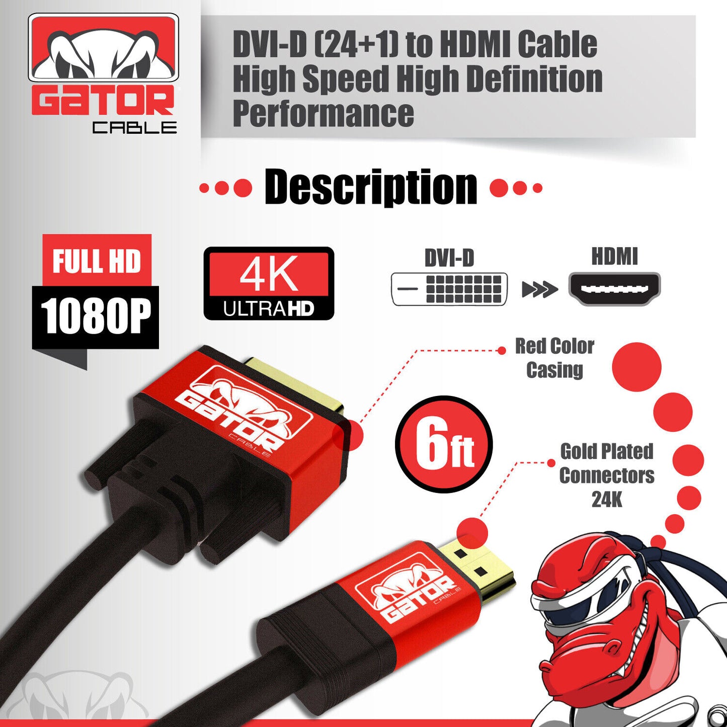 DVI-D 24+1 to HDMI Dual Link Cable Male Gold HDTV PC 1080P Display Adaptor 6FT