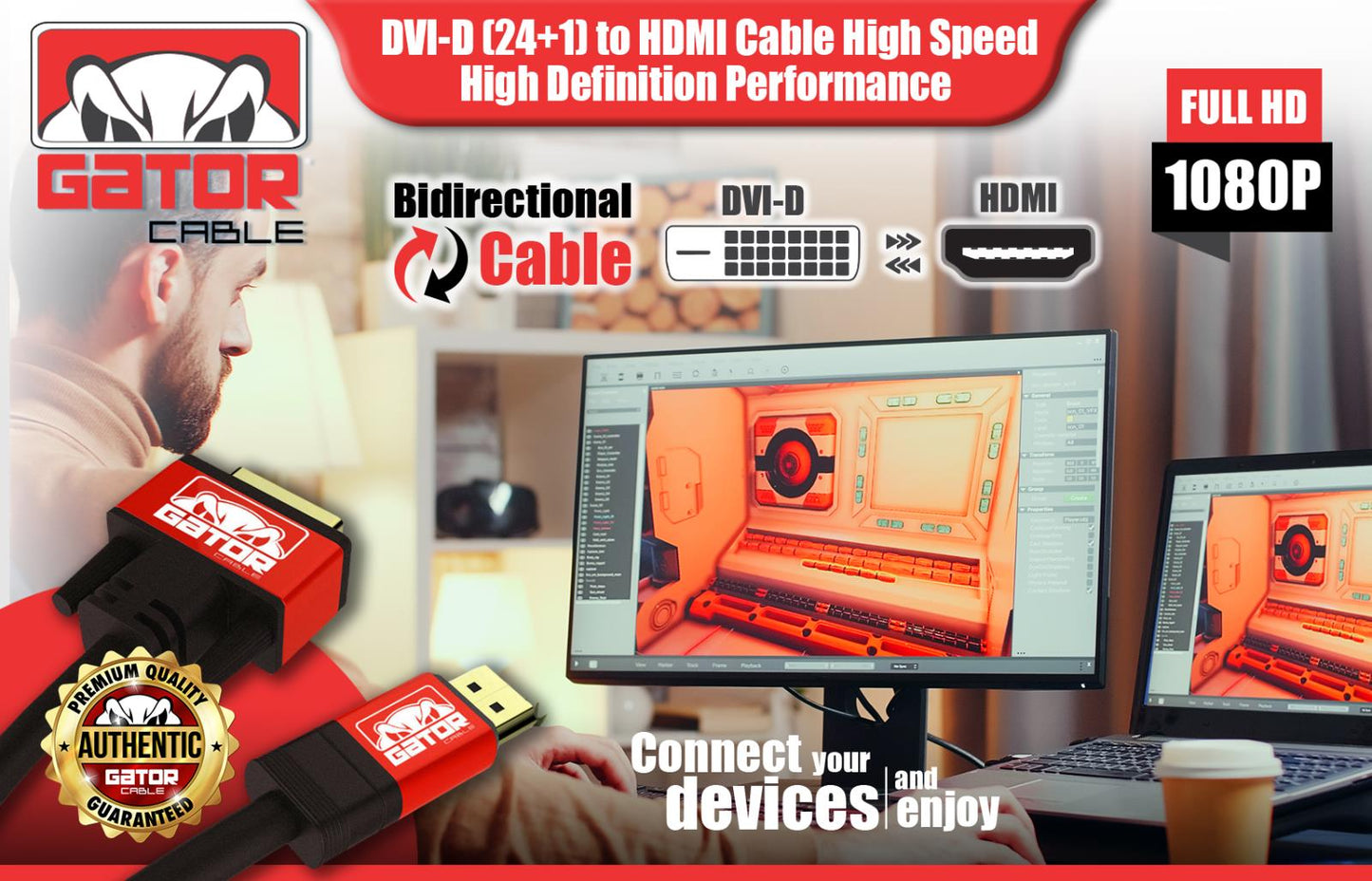 DVI-D 24+1 to HDMI Dual Link Cable Male Gold HDTV PC 1080P Display Adaptor 6FT