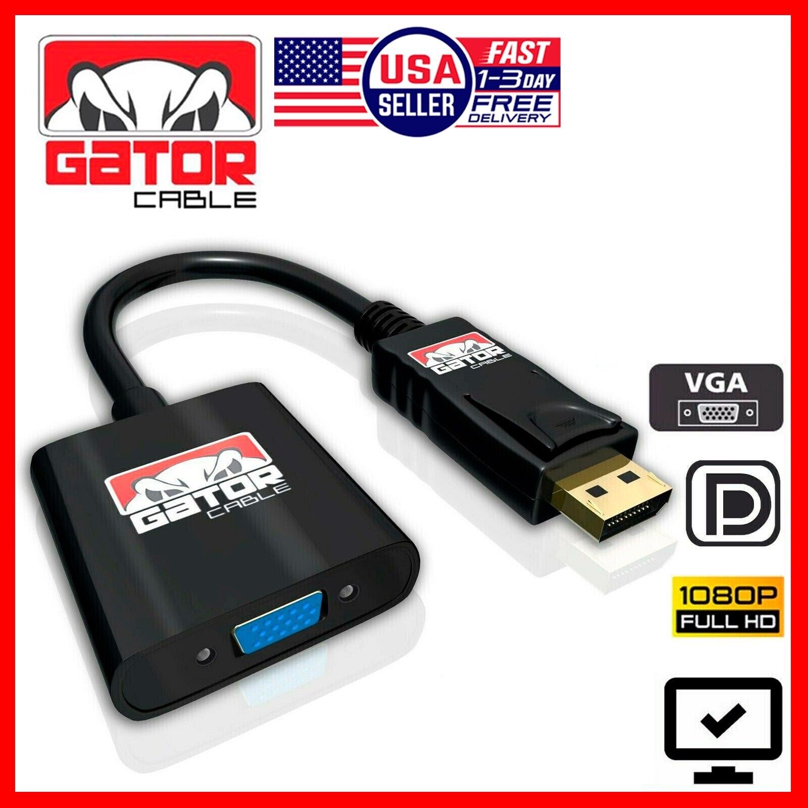Display Port to VGA Adapter Converter Cable Video HDTV PC Monitor Desk ...
