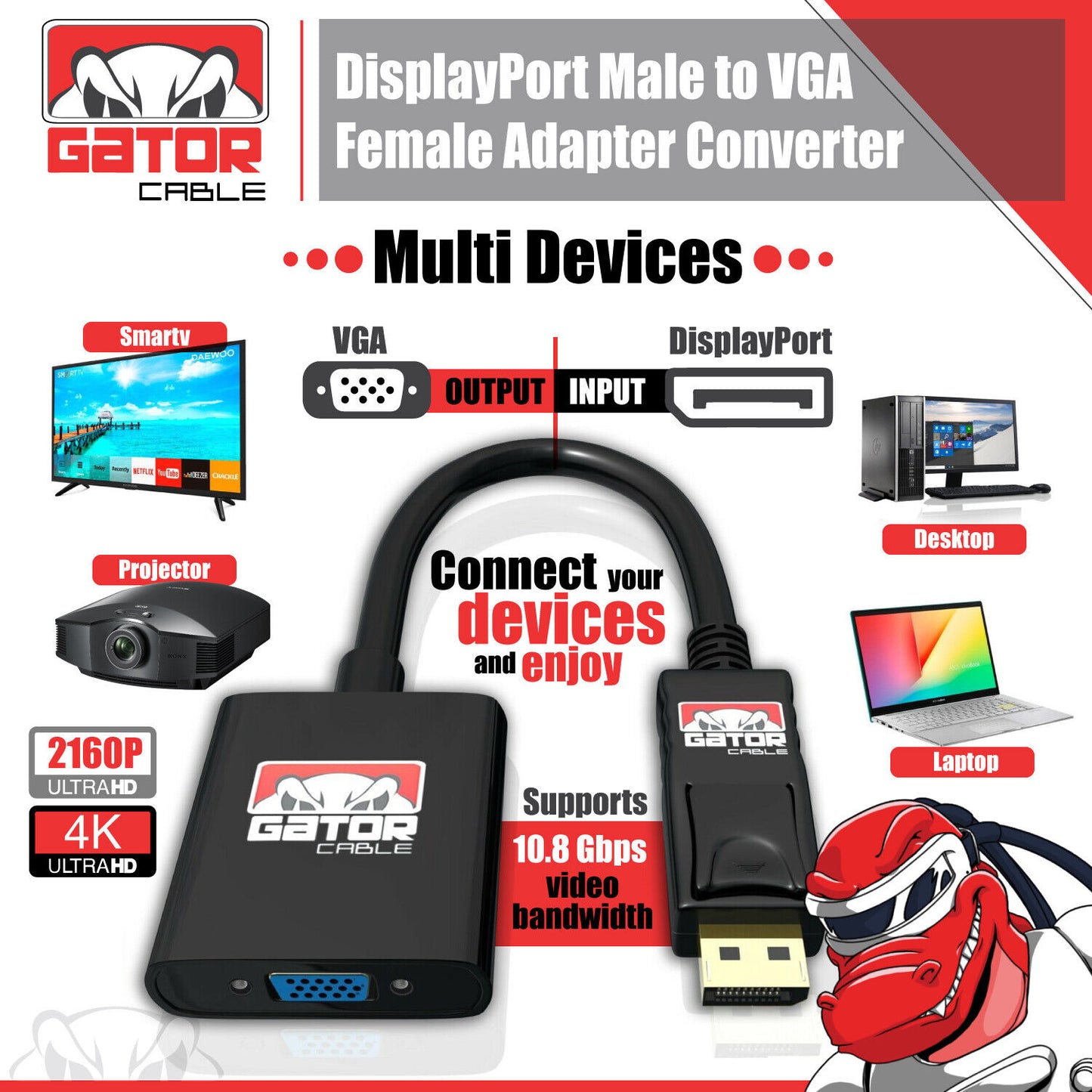 Display Port to VGA Adapter Converter Cable Video HDTV PC Monitor Desktop UHD