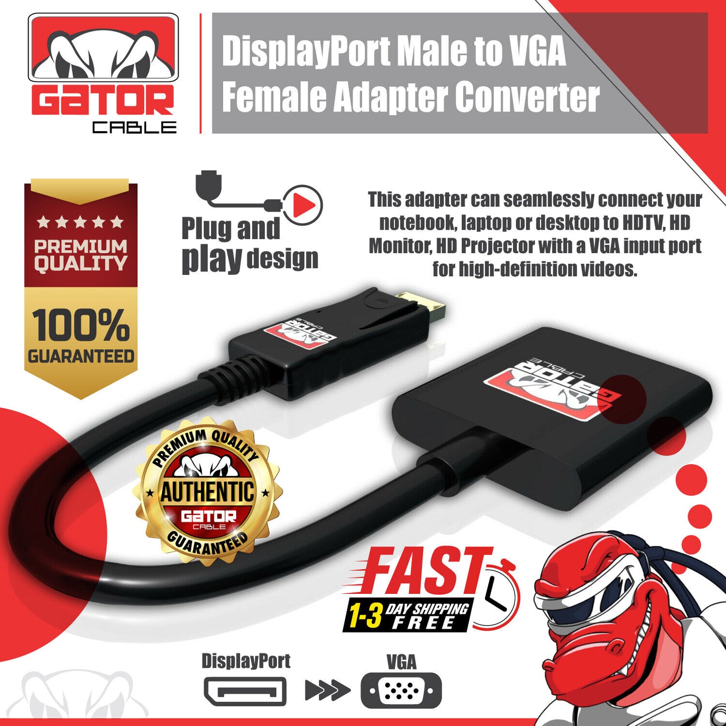 Display Port to VGA Adapter Converter Cable Video HDTV PC Monitor Desktop UHD