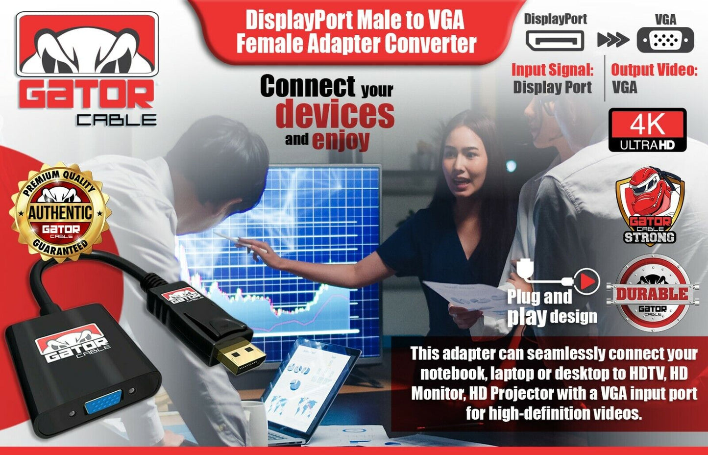 Display Port to VGA Adapter Converter Cable Video HDTV PC Monitor Desktop UHD