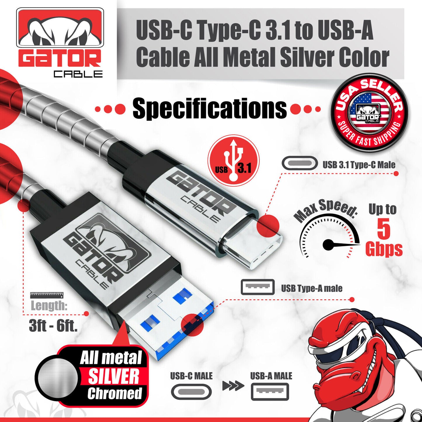 All Full Metal USB-C To USB Phone Charger Cable Fast Charge For Android Phones