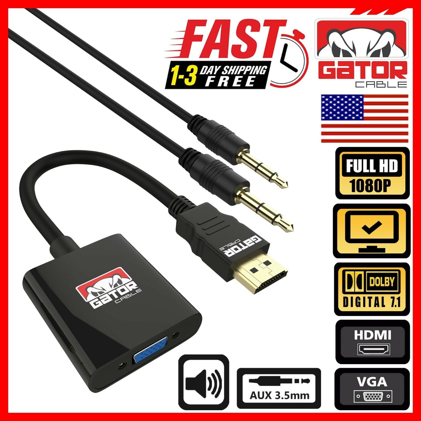 HDMI to VGA Adapter Video Audio with AUX 3.5mm Connector Cable Converter 1080P