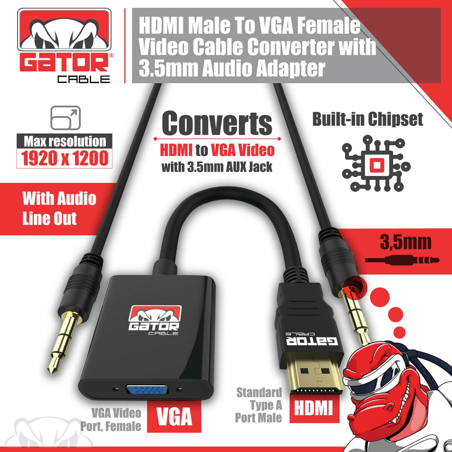 HDMI to VGA Adapter Video Audio with AUX 3.5mm Connector Cable Converter 1080P