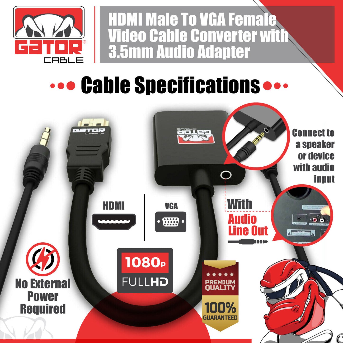 HDMI to VGA Adapter Video Audio with AUX 3.5mm Connector Cable Converter 1080P