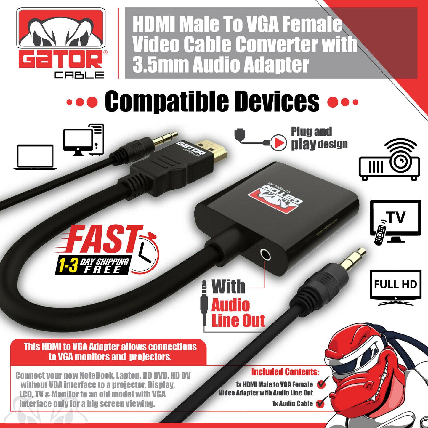 HDMI to VGA Adapter Video Audio with AUX 3.5mm Connector Cable Converter 1080P