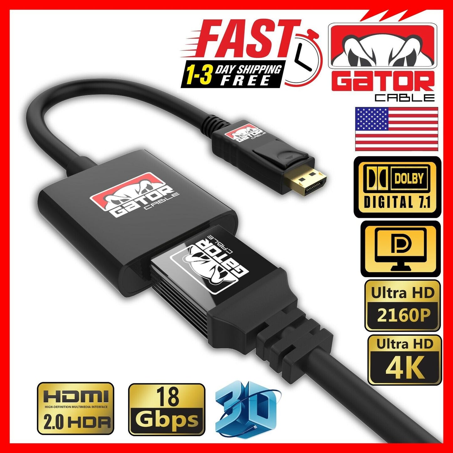 Display Port to HDMI Adapter Cable Audio Video PC Monitor 4K 1080P 60Hz 18Gbps