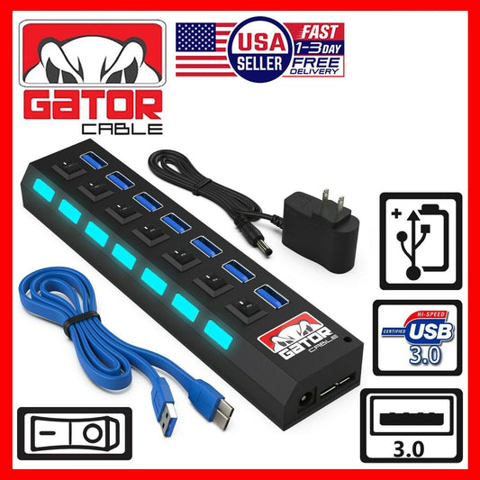 USB 3.0 Hub Charger Switch Splitter Powered AC Adapter 7 Port PC Laptop Desktop