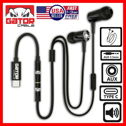 USB-C Type C Connector Earphones Headphones Earbuds Bass Stereo MIC Wired AUX BL