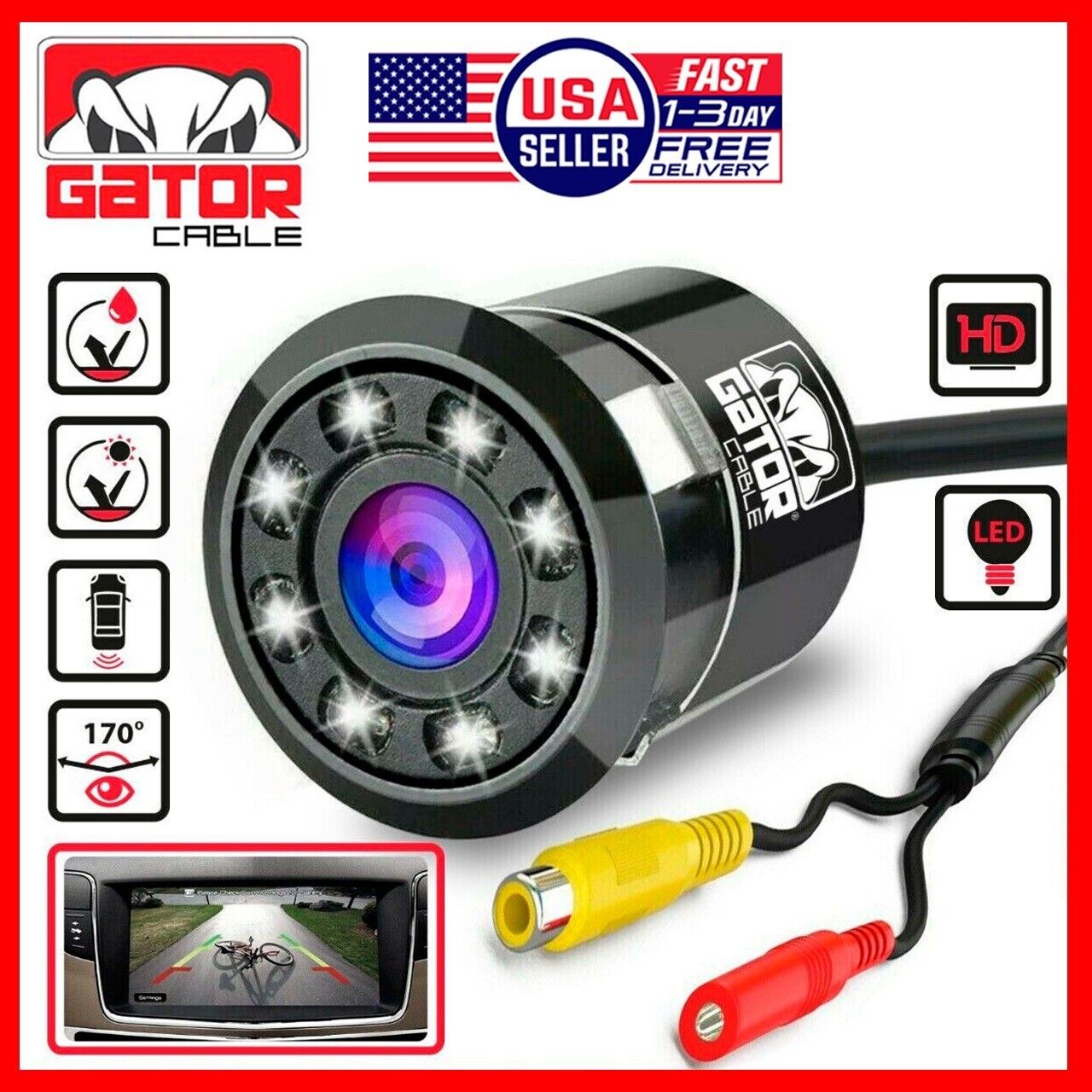 Car Rear View Backup Reverse Camera 170° CMOS 8 LED HD Night Vision Wa ...