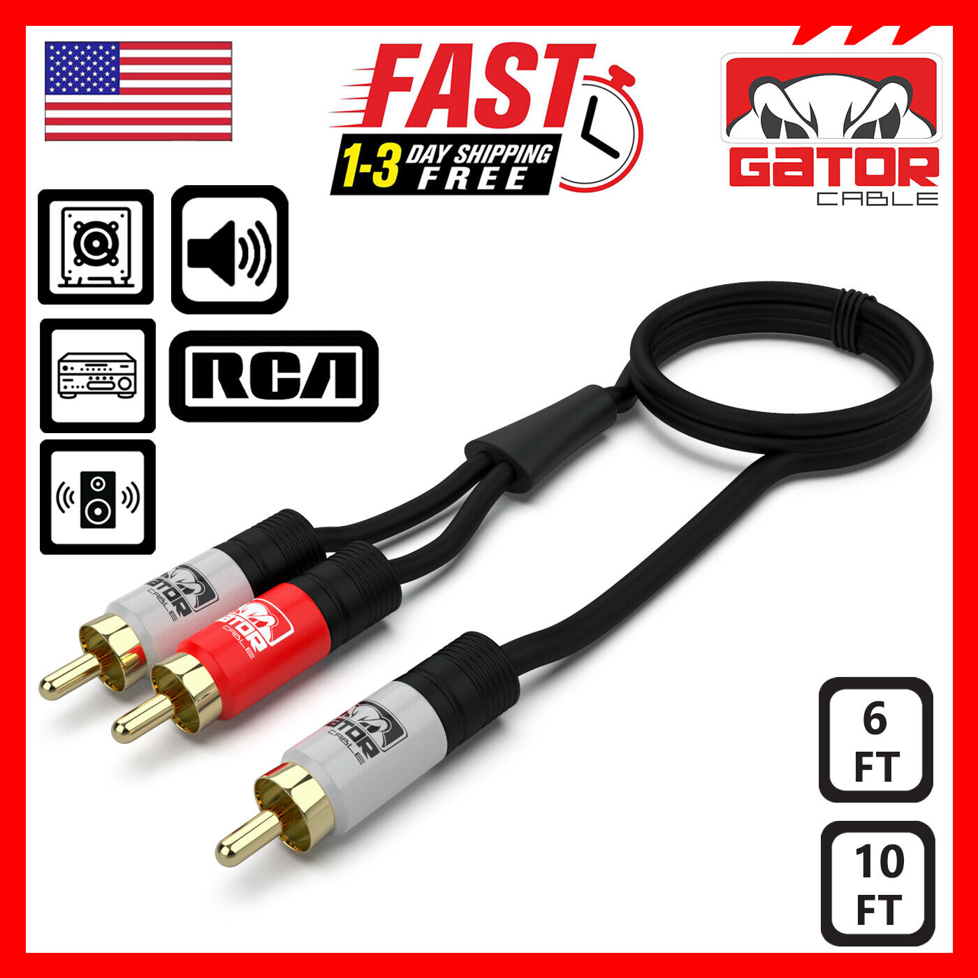 2 RCA to 1 RCA Male Subwoofer Audio Splitter Y Cable Stereo Bass Bi-Direction