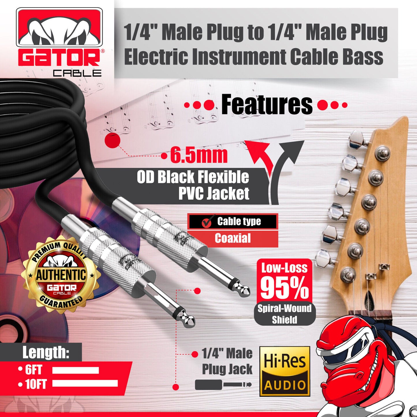 1/4” to 1/4” Male Mono Plug Cable Wire Cord Guitar Bass Instrument DJ Mixer