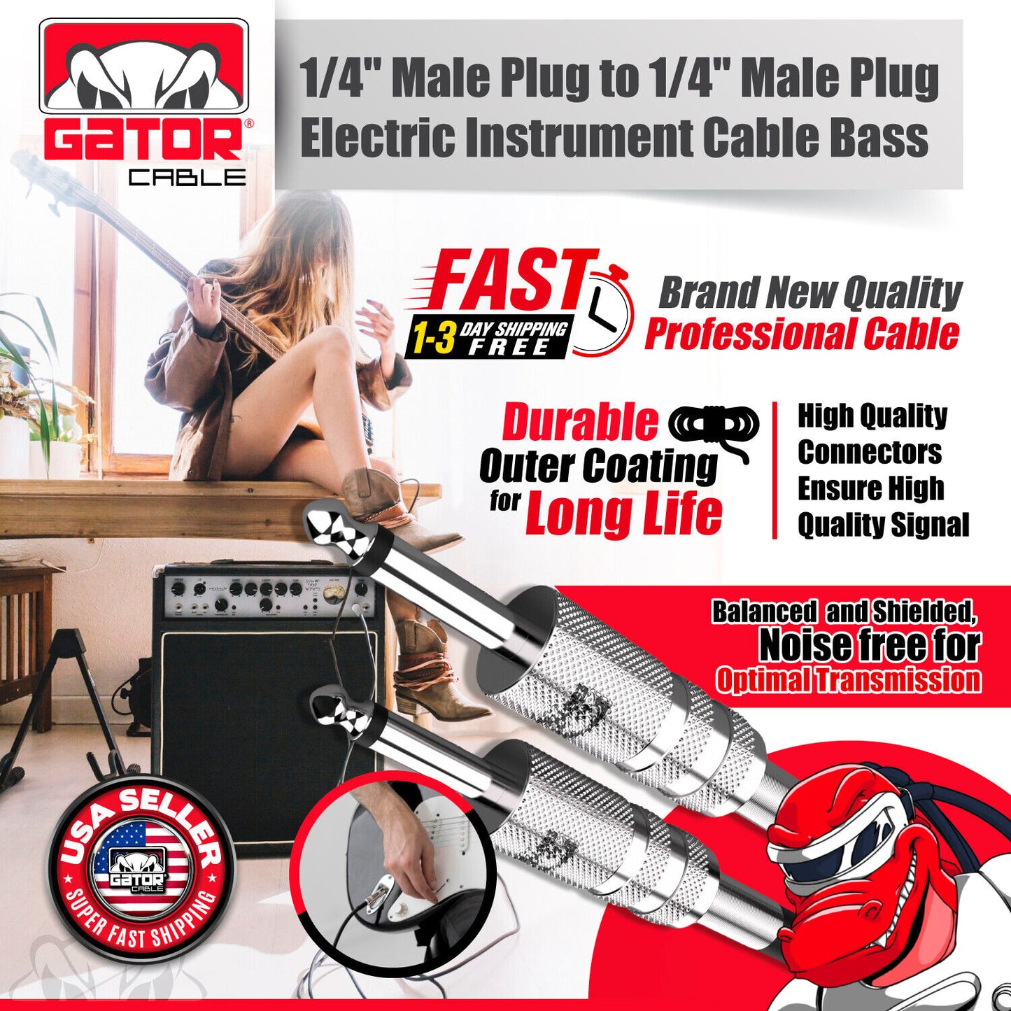 1/4” to 1/4” Male Mono Plug Cable Wire Cord Guitar Bass Instrument DJ Mixer
