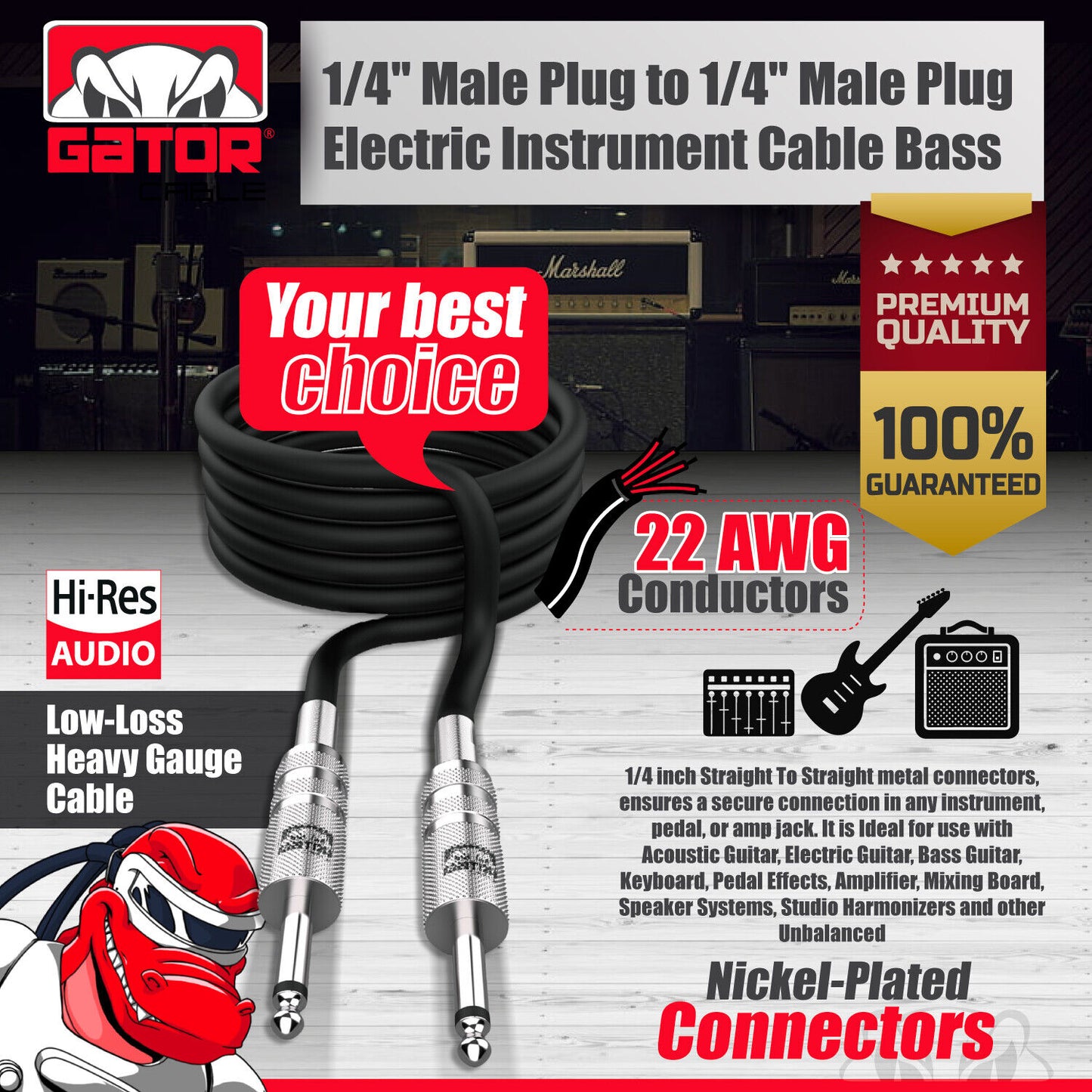 1/4” to 1/4” Male Mono Plug Cable Wire Cord Guitar Bass Instrument DJ Mixer