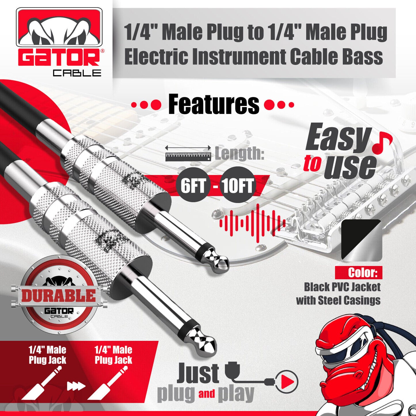 1/4” to 1/4” Male Mono Plug Cable Wire Cord Guitar Bass Instrument DJ Mixer