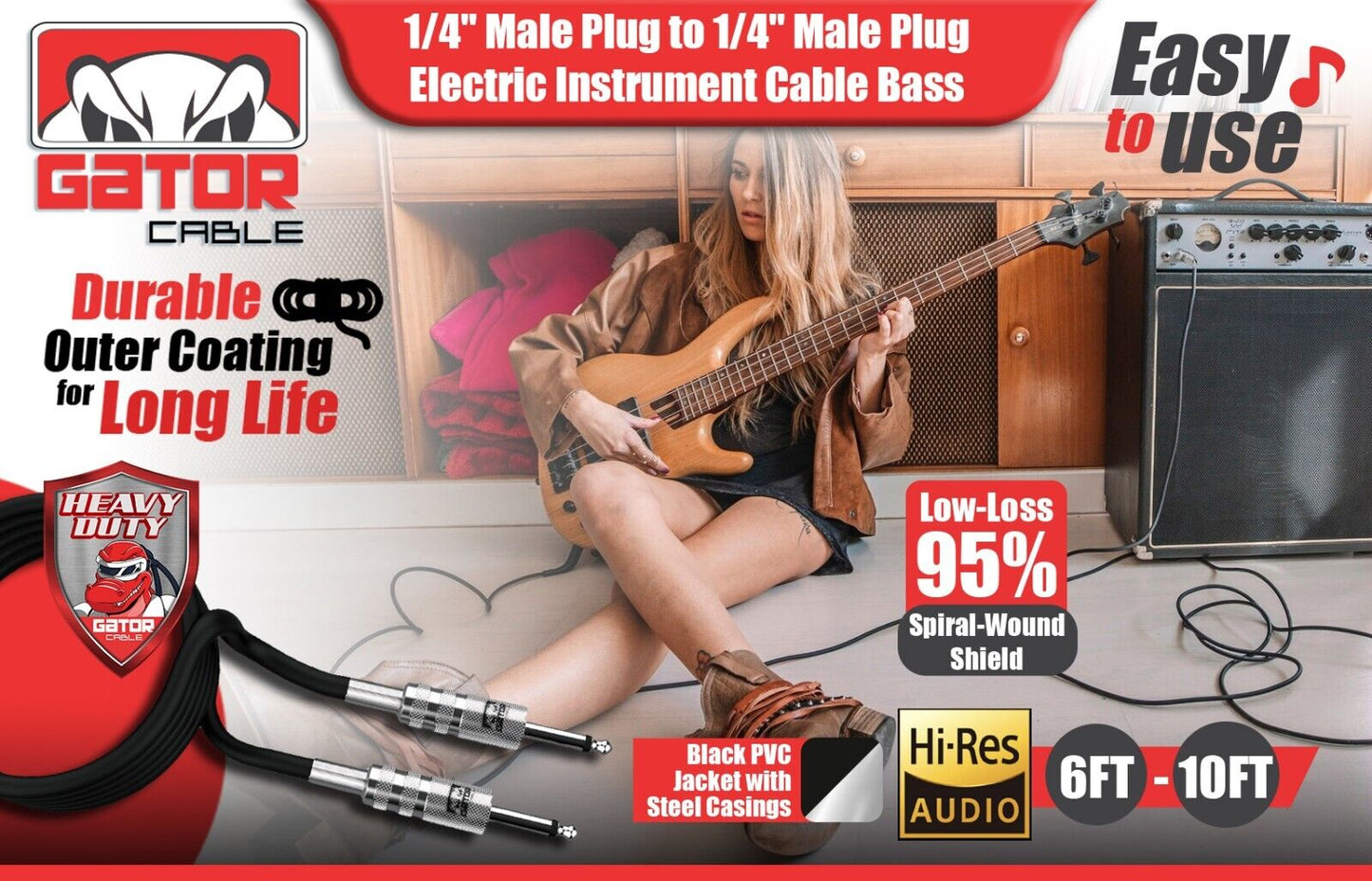 1/4” to 1/4” Male Mono Plug Cable Wire Cord Guitar Bass Instrument DJ Mixer