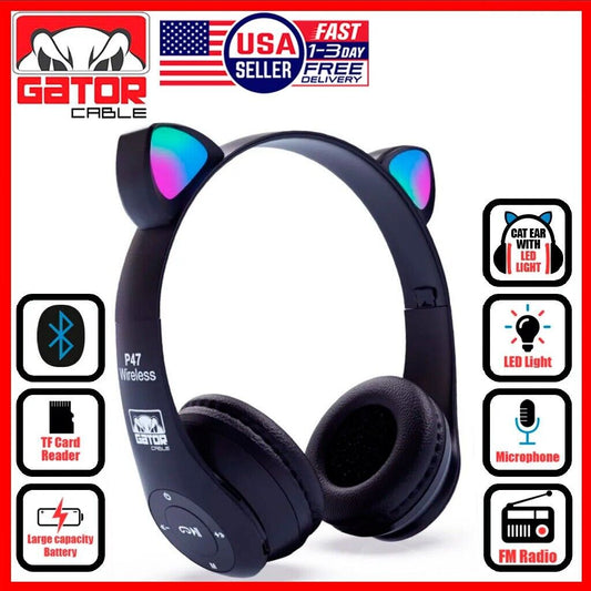 Cat Rabbit Ears Wireless Bluetooth Headphones Earphones MIC LED Lights for Kids