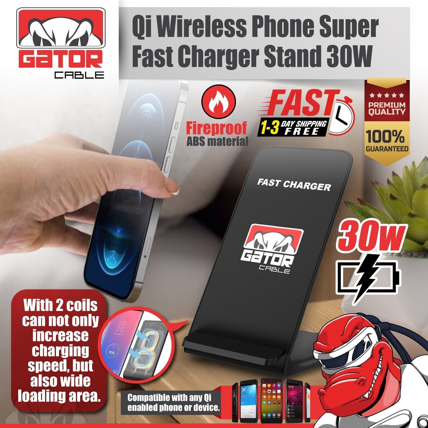 30W Wireless Phone Charger Stand Pad Fast Charge for Samsung iPhone LG Universal