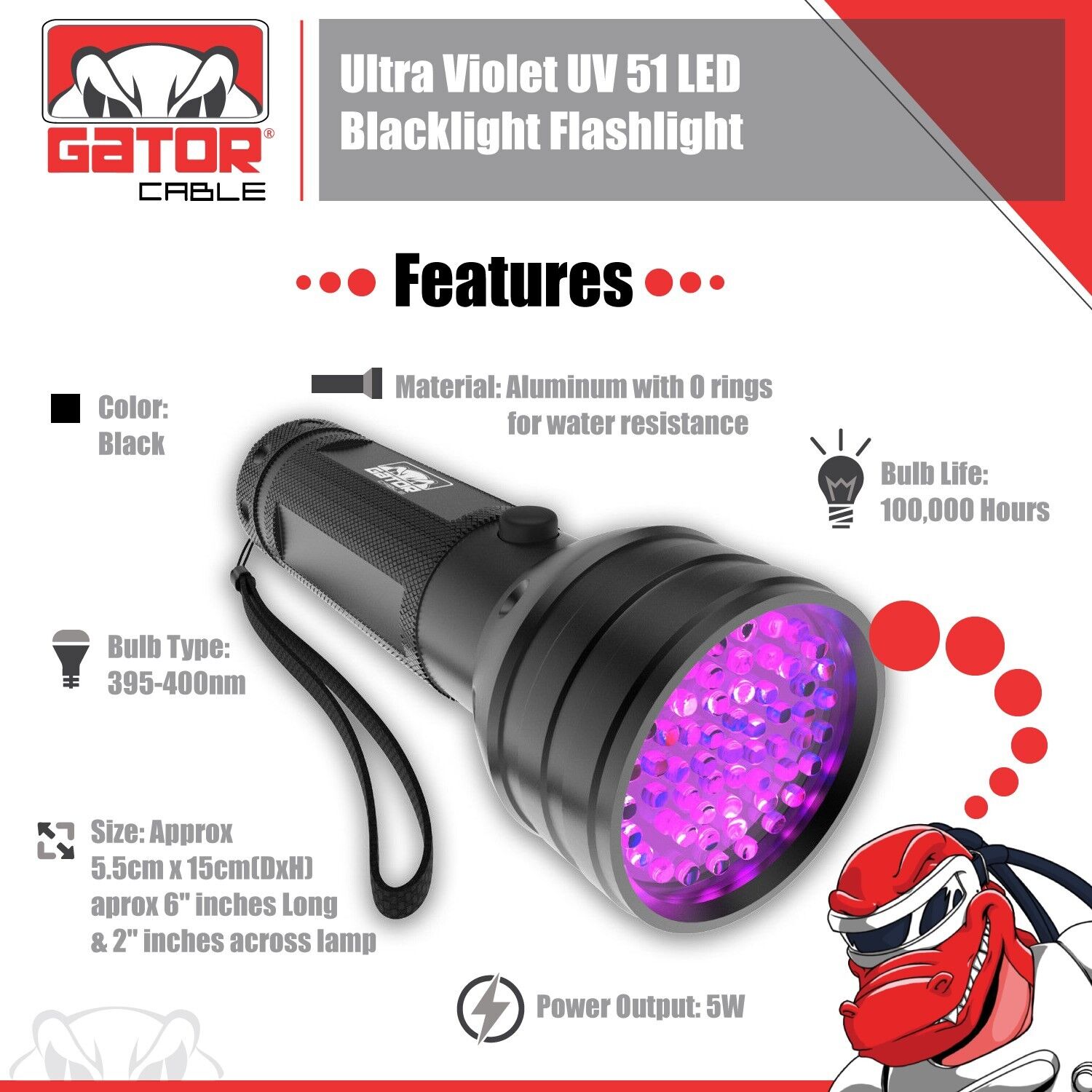 black light flashlight bulb UV Ultraviolet Light 51 LED Flashlight Black Light 395nM Inspection La – Gator Cable