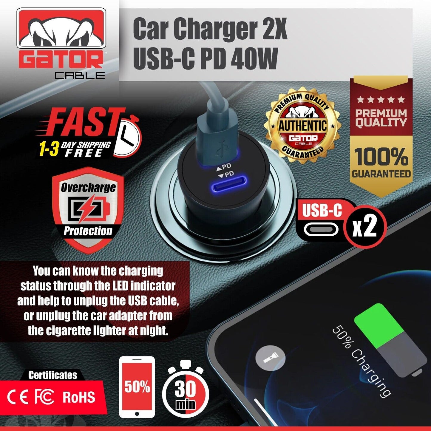 USB-C PD Car Charger 40W 3.1A Fast Charge Dual 2 Port Adapter for Samsung iPhone