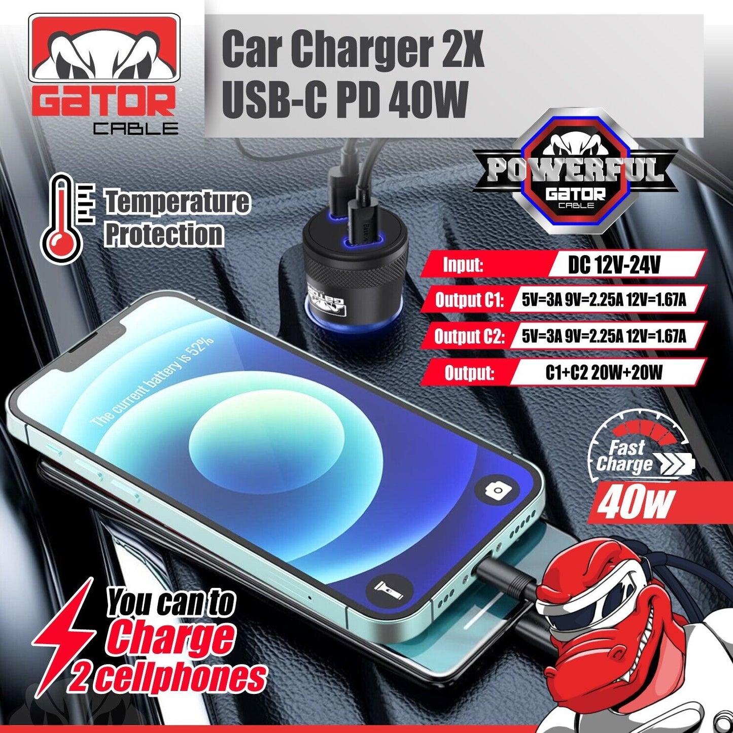 USB-C PD Car Charger 40W 3.1A Fast Charge Dual 2 Port Adapter for Samsung iPhone