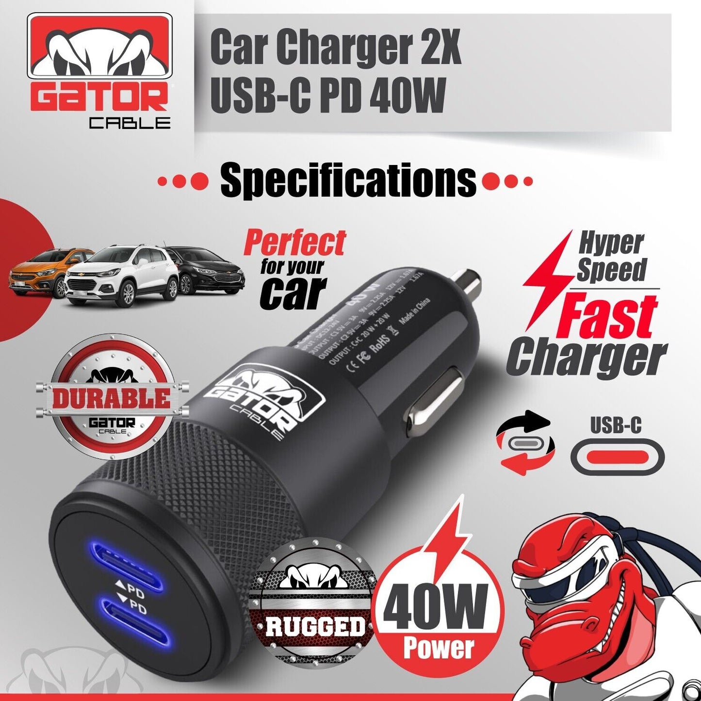 USB-C PD Car Charger 40W 3.1A Fast Charge Dual 2 Port Adapter for Samsung iPhone