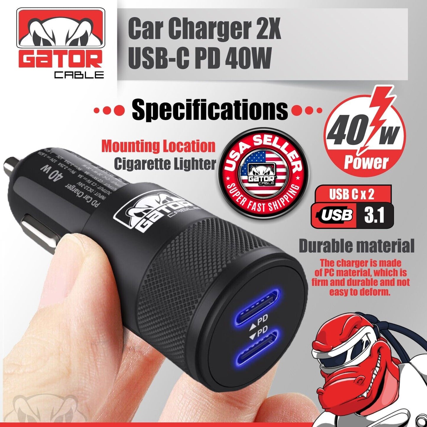 USB-C PD Car Charger 40W 3.1A Fast Charge Dual 2 Port Adapter for Samsung iPhone