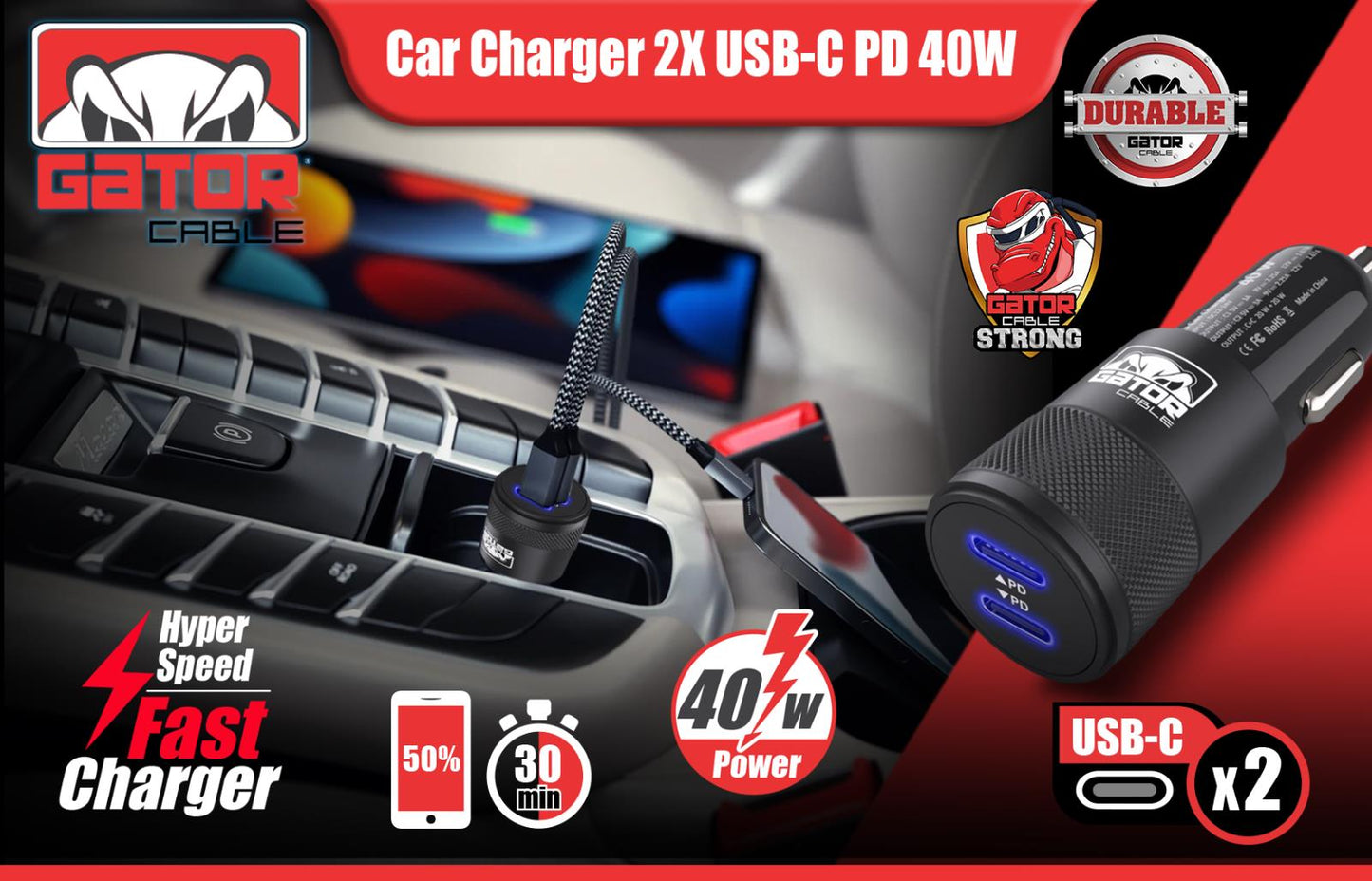 USB-C PD Car Charger 40W 3.1A Fast Charge Dual 2 Port Adapter for Samsung iPhone